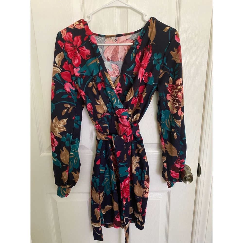 Long sleeve pink and navy florals dress